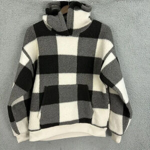 American Sweatshirt Women Small Black White Plaid Sherpa Fleece Hoodie Oversized